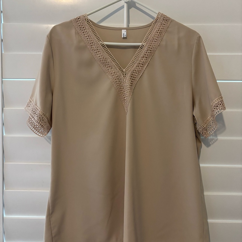 Love Tan Blouse with Lace Trim and Relaxed Sleeves
